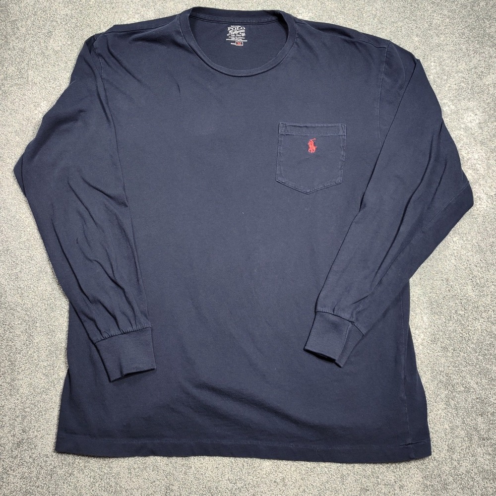 Polo Ralph Lauren TShirt M Navy Blue Long Sleeve Red Pony Logo Pocket Casual